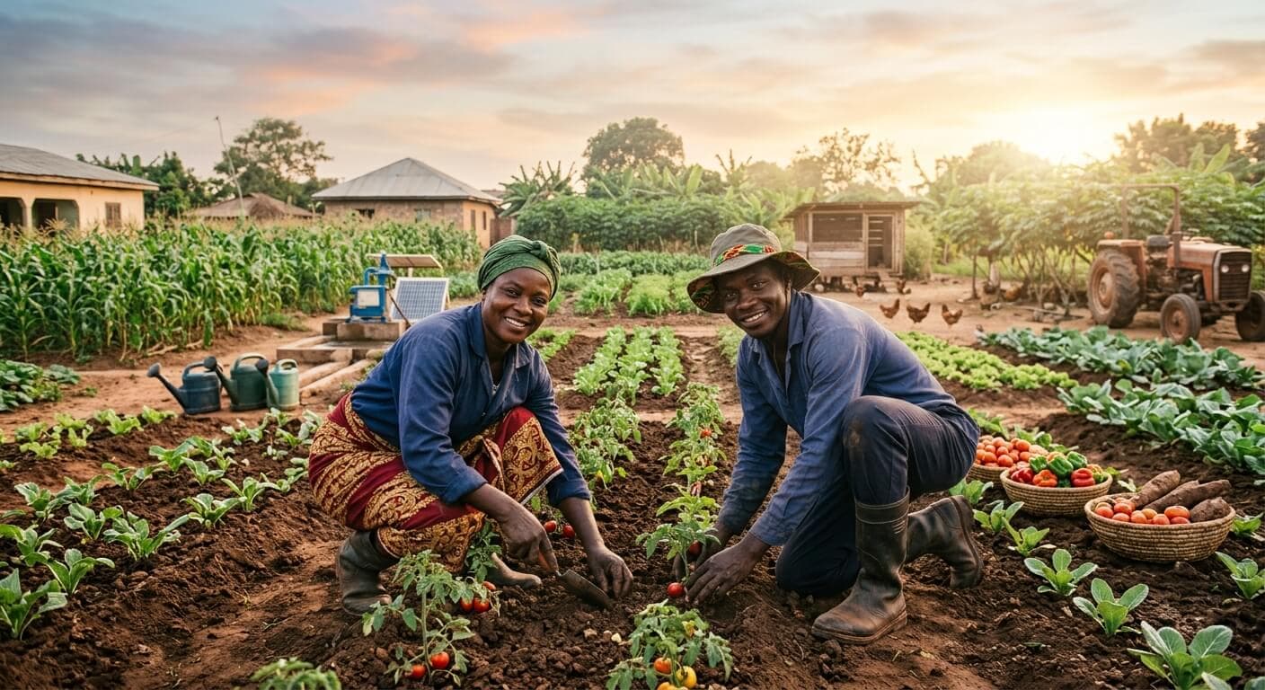 Two farmers tending a vegetable plot at sunrise, with maize and a village behind them